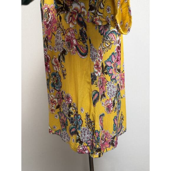 Bila Yellow Floral Blouse Top 3/4 Sleeves Sz M Ruffle Sleeves Tassel Tie - Picture 7 of 12